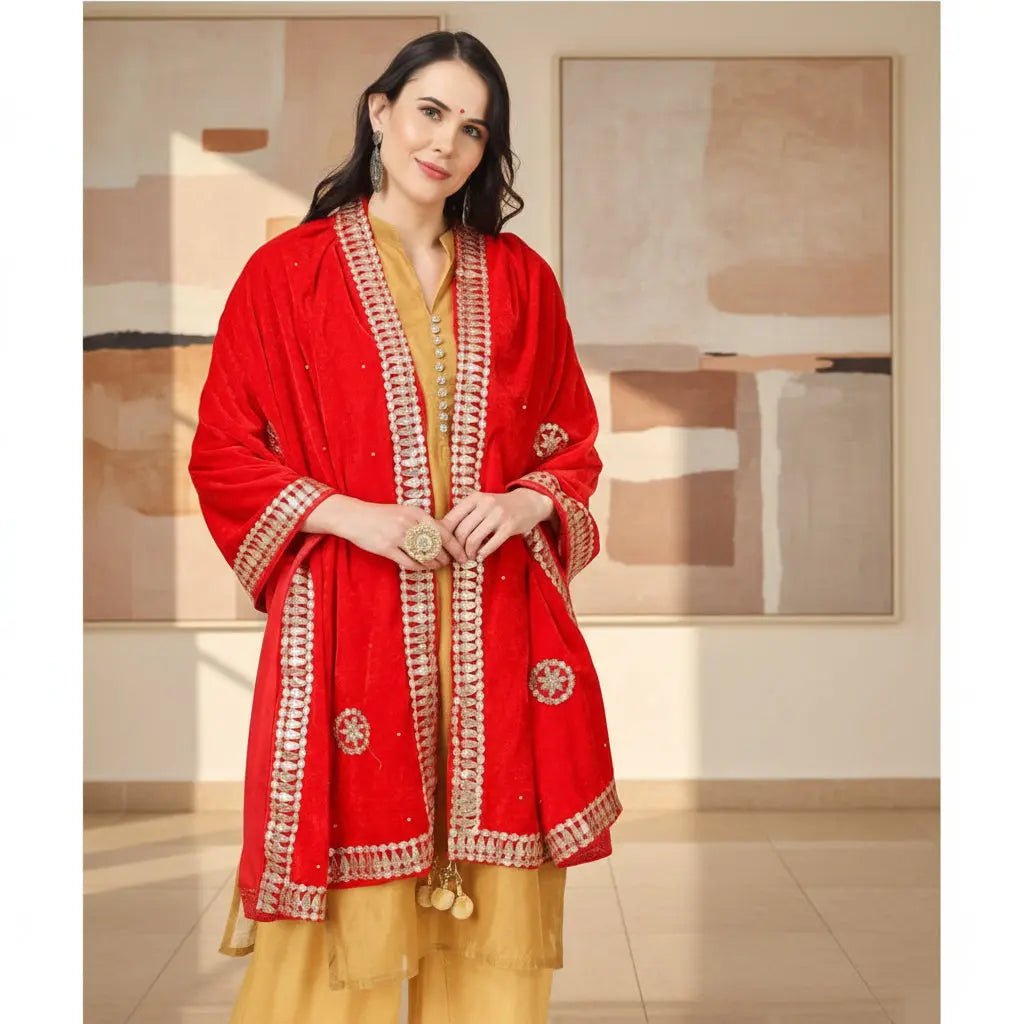 Women's Velvet Gotta Patti Dupatta (Red, Length: 2.25 to 2.50 Mtr) Kashvii