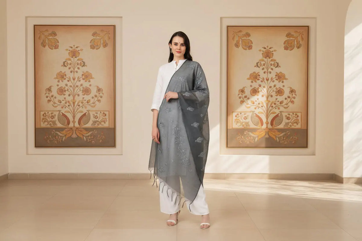 Women's cotton embroidered dupatta (grey, length: 2