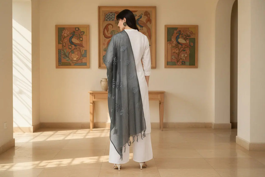 Women's Cotton Embroidered Dupatta (Grey, Length: 2.25 to 2.50 Mtr) Kashvii