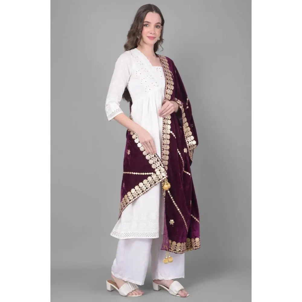 Women's Velvet Gotta Patti Dupatta (Wine, Length: 2.25 to 2.50 Mtr) Kashvii