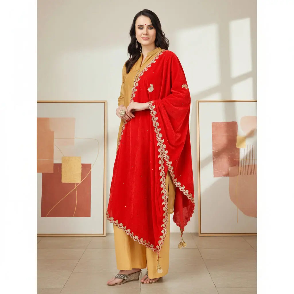 Women's Velvet Gotta Patti Dupatta (Red, Length: 2.25 to 2.50 Mtr) Kashvii