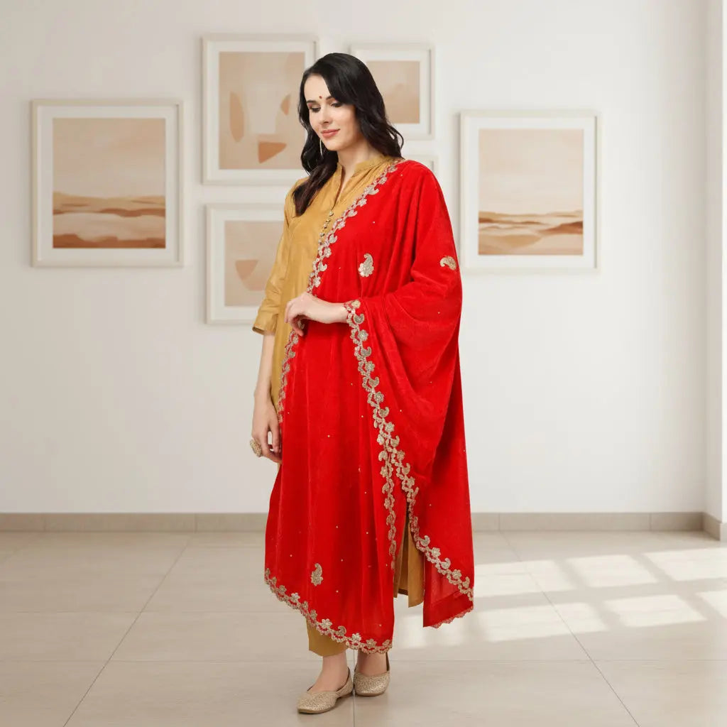 Women's Velvet Gotta Patti Dupatta (Red, Length: 2.25 to 2.50 Mtr) Kashvii
