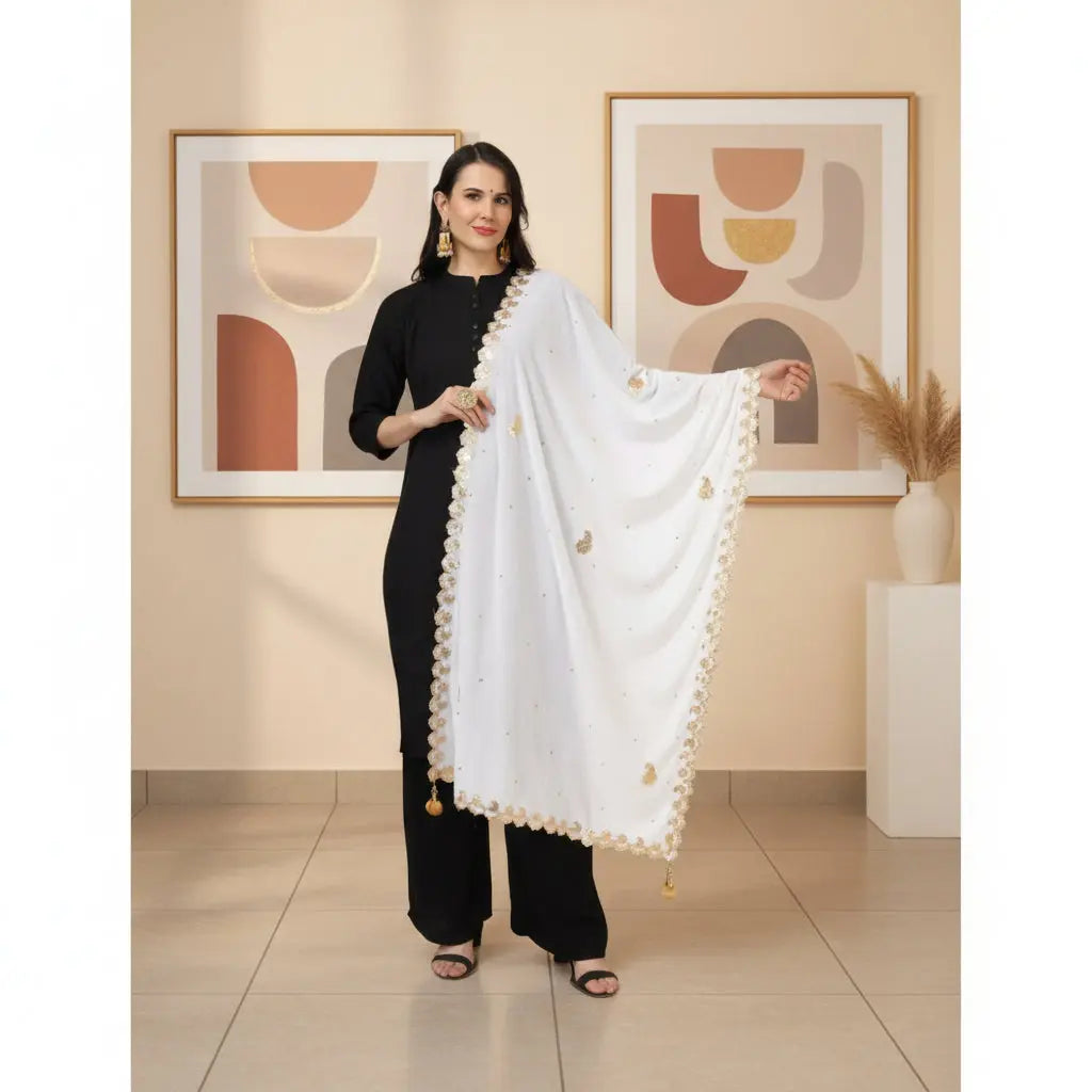 Women's Velvet Gotta Patti Dupatta (White, Length: 2.25 to 2.50 Mtr) Kashvii
