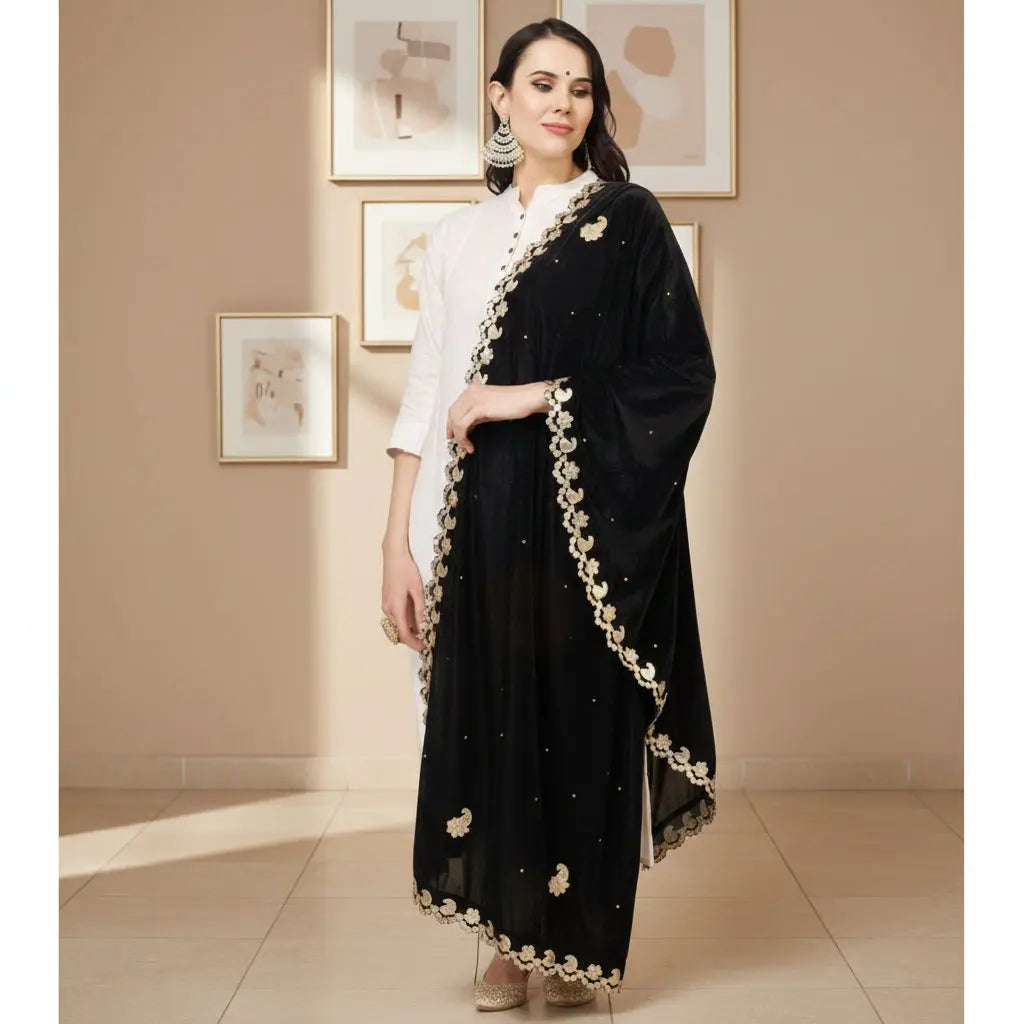 Women's Velvet Gotta Patti Dupatta (Black, Length: 2.25 to 2.50 Mtr) Kashvii
