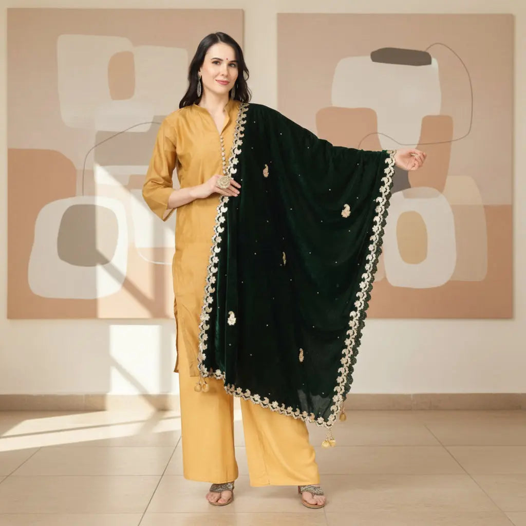 Women's Velvet Gotta Patti Dupatta (Green, Length: 2.25 to 2.50 Mtr) Kashvii