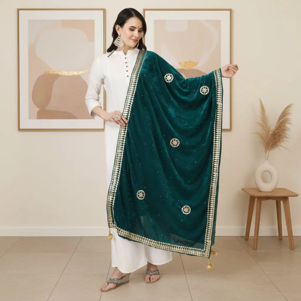 Women's Velvet Gotta Patti Dupatta (Dark Green, Length: 2.25 to 2.50 Mtr) Kashvii