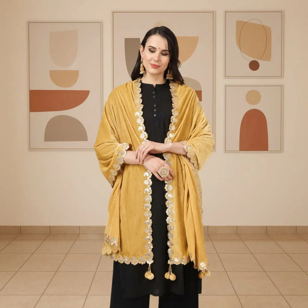 Women's Velvet Gotta Patti Dupatta (Yellow, Length: 2.25 to 2.50 Mtr) Kashvii