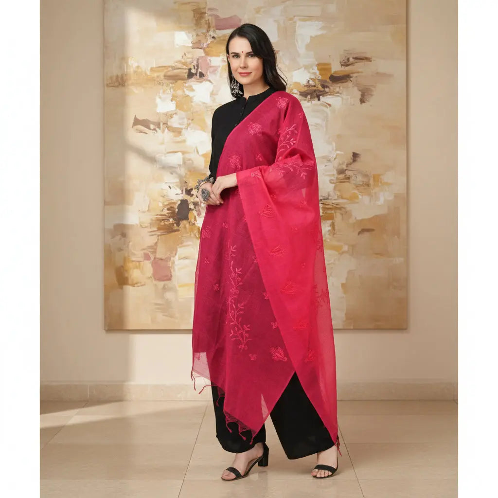 Women's Cotton Embroidered Dupatta (Maroon, Length: 2.25 to 2.50 Mtr) Kashvii