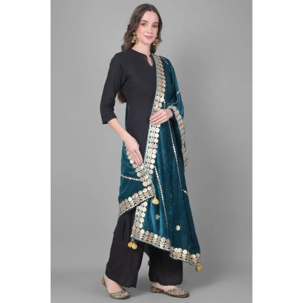 Women's Velvet Gotta Patti Dupatta (Teal, Length: 2.25 to 2.50 Mtr) Kashvii