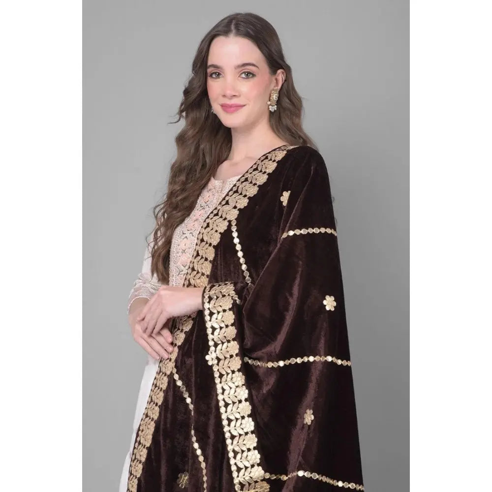 Women's Velvet Gotta Patti Dupatta (Brown, Length: 2.25 to 2.50 Mtr) Kashvii