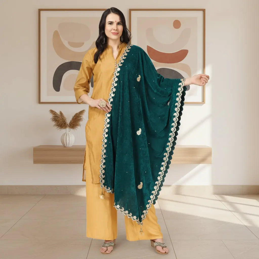 Women's Velvet Gotta Patti Dupatta (Dark Green, Length: 2.25 to 2.50 Mtr) Kashvii