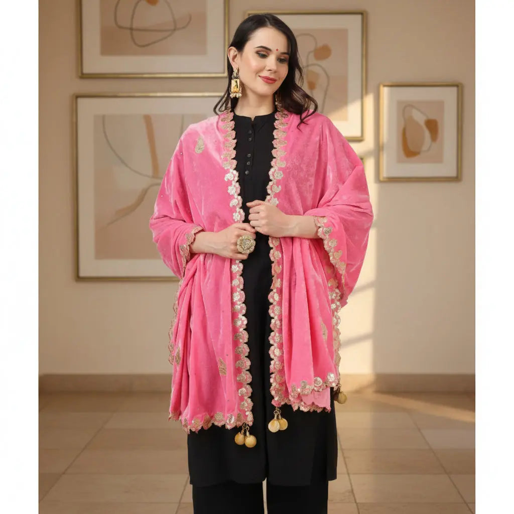 Women's Velvet Gotta Patti Dupatta (Pink, Length: 2.25 to 2.50 Mtr) Kashvii
