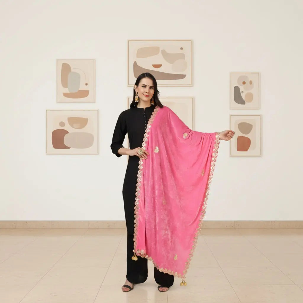 Women's Velvet Gotta Patti Dupatta (Pink, Length: 2.25 to 2.50 Mtr) Kashvii