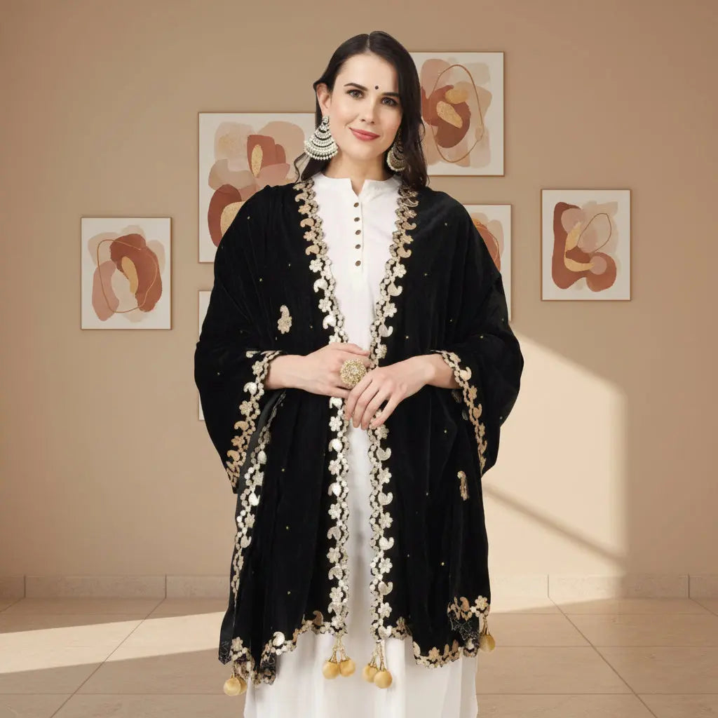 Women's Velvet Gotta Patti Dupatta (Black, Length: 2.25 to 2.50 Mtr) Kashvii
