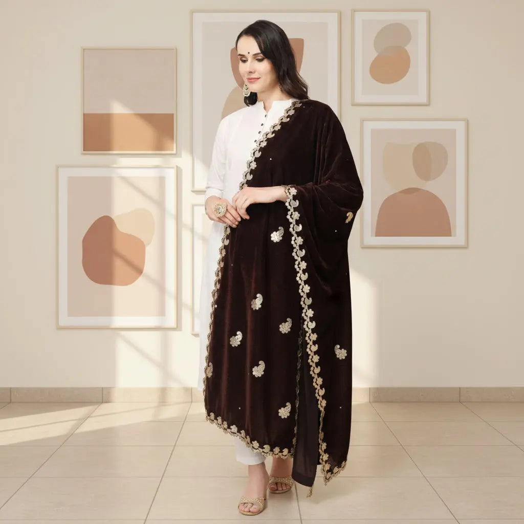 Women's Velvet Gotta Patti Dupatta (Brown, Length: 2.25 to 2.50 Mtr) Kashvii