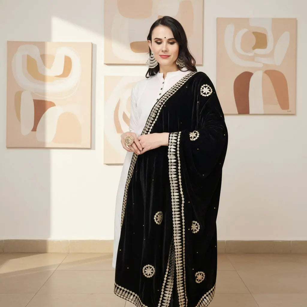 Women's Velvet Gotta Patti Dupatta (Black, Length: 2.25 to 2.50 Mtr) Kashvii