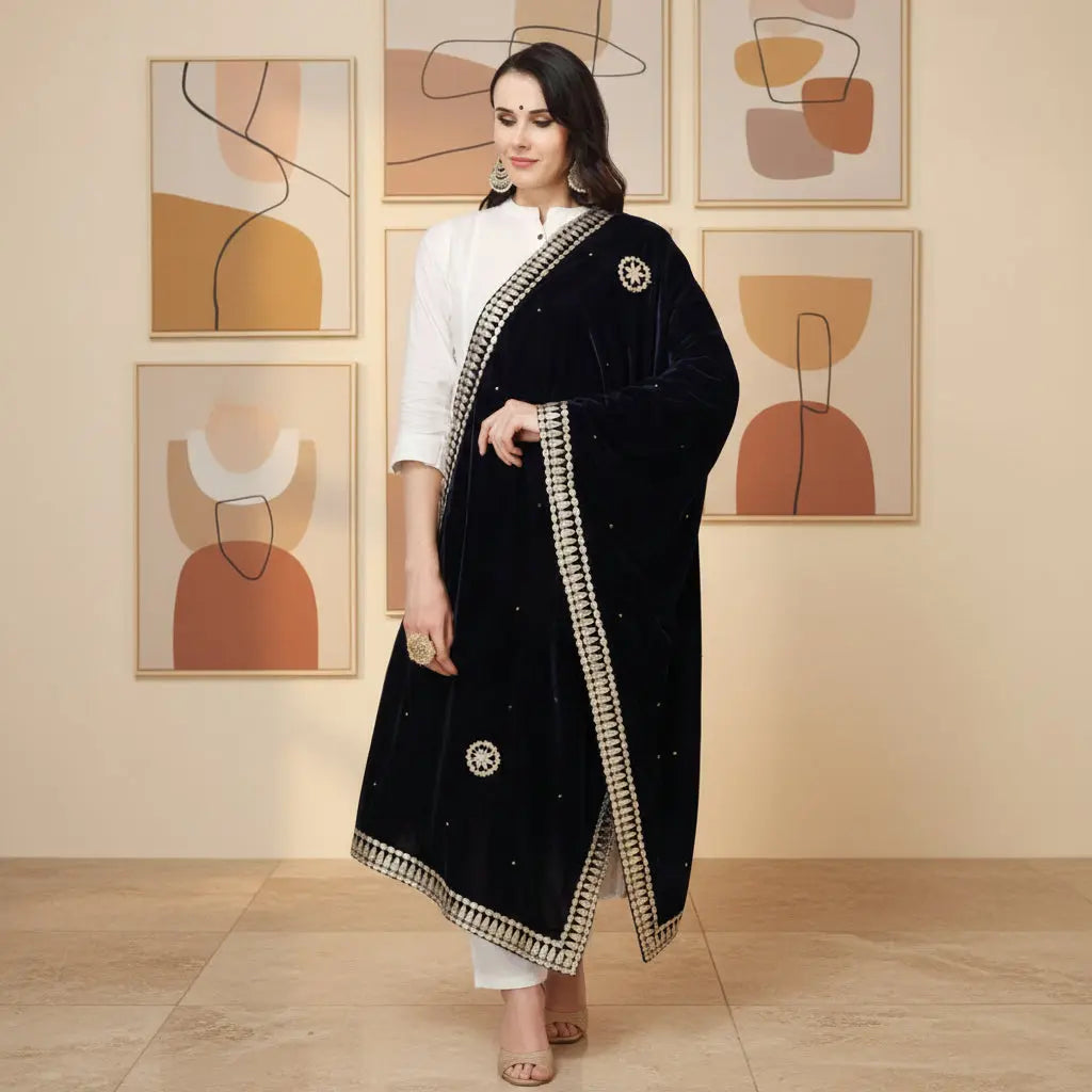 Women's Velvet Gotta Patti Dupatta (Blue, Length: 2.25 to 2.50 Mtr) Kashvii