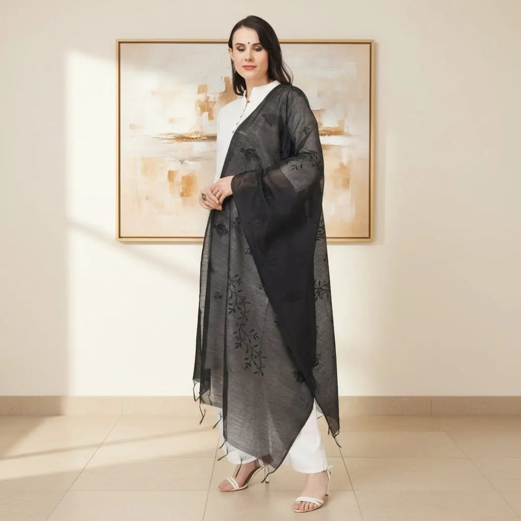 Women's Cotton Embroidered Dupatta (Black, Length: 2.25 to 2.50 Mtr) Kashvii