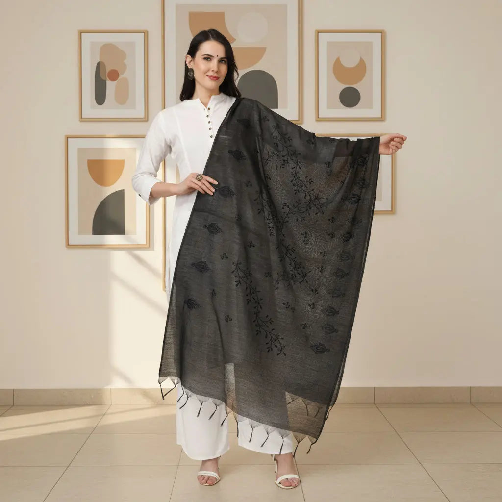 Women's cotton embroidered dupatta (black, length: 2