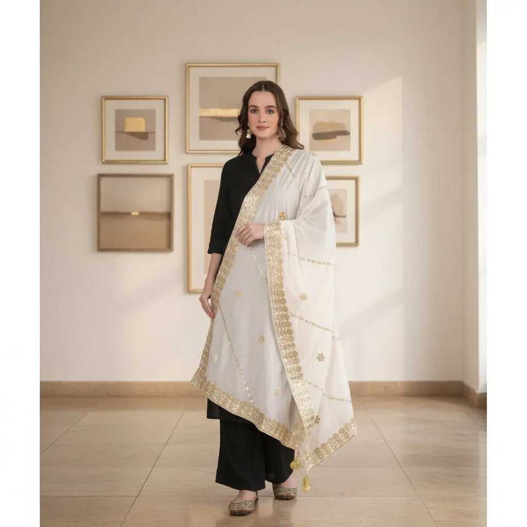 Women's Velvet Gotta Patti Dupatta (White, Length: 2.25 to 2.50 Mtr) Kashvii