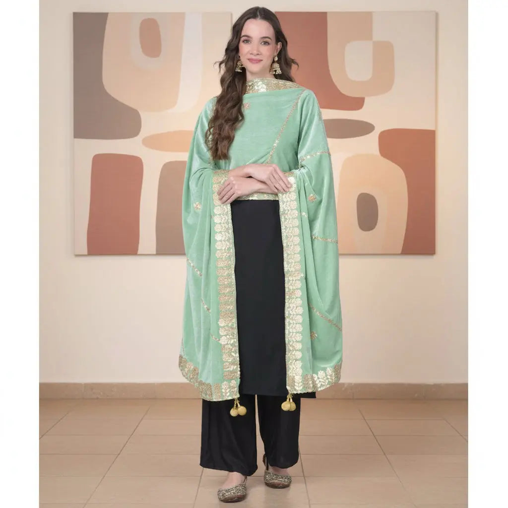 Women's velvet gotta patti dupatta (sea green, length: 2