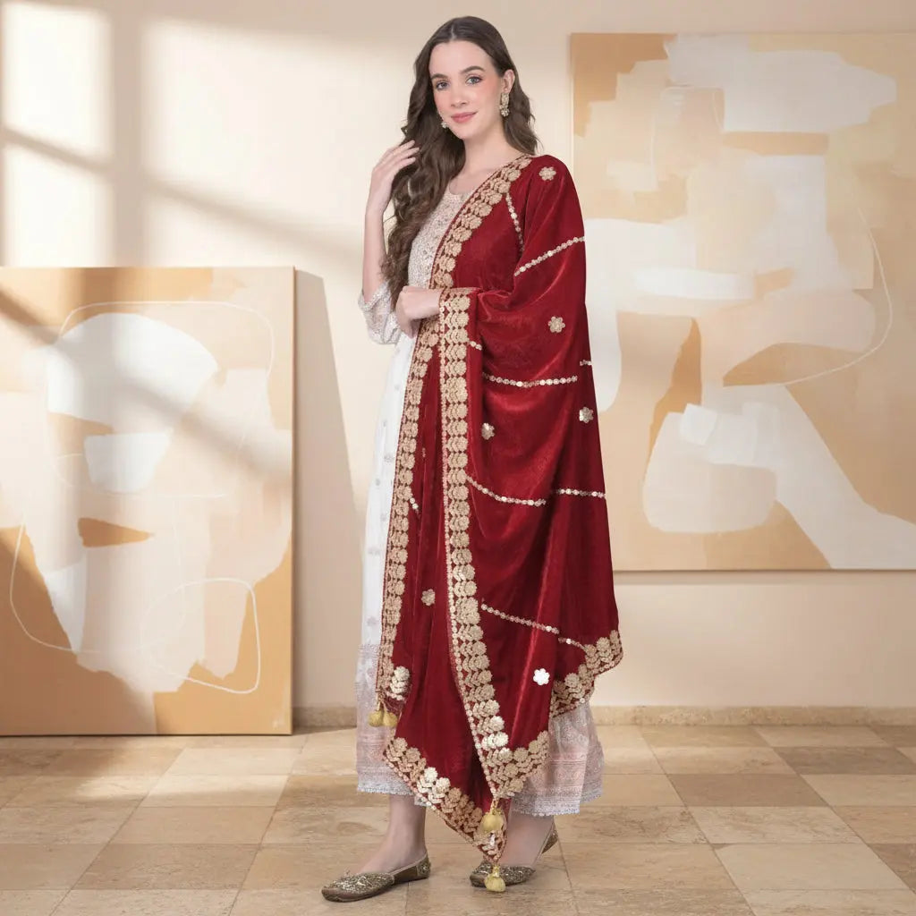 Women's velvet gotta patti dupatta (maroon, length: 2