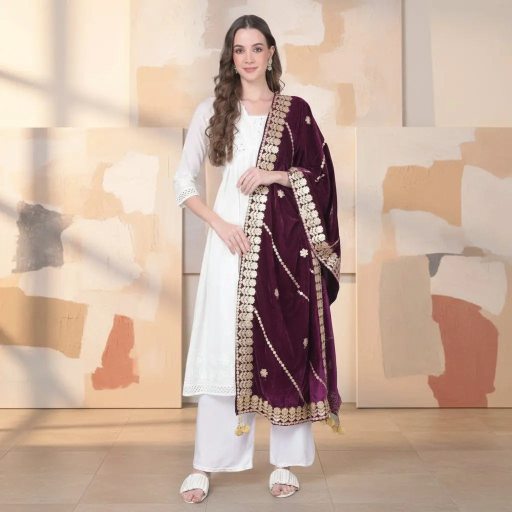 Women's velvet gotta patti dupatta (wine, length: 2