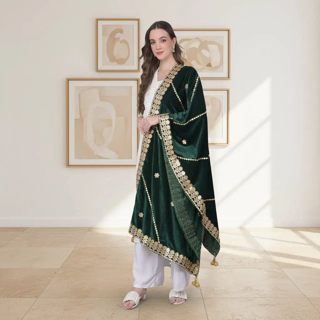 Women's velvet gotta patti dupatta (green, length: 2