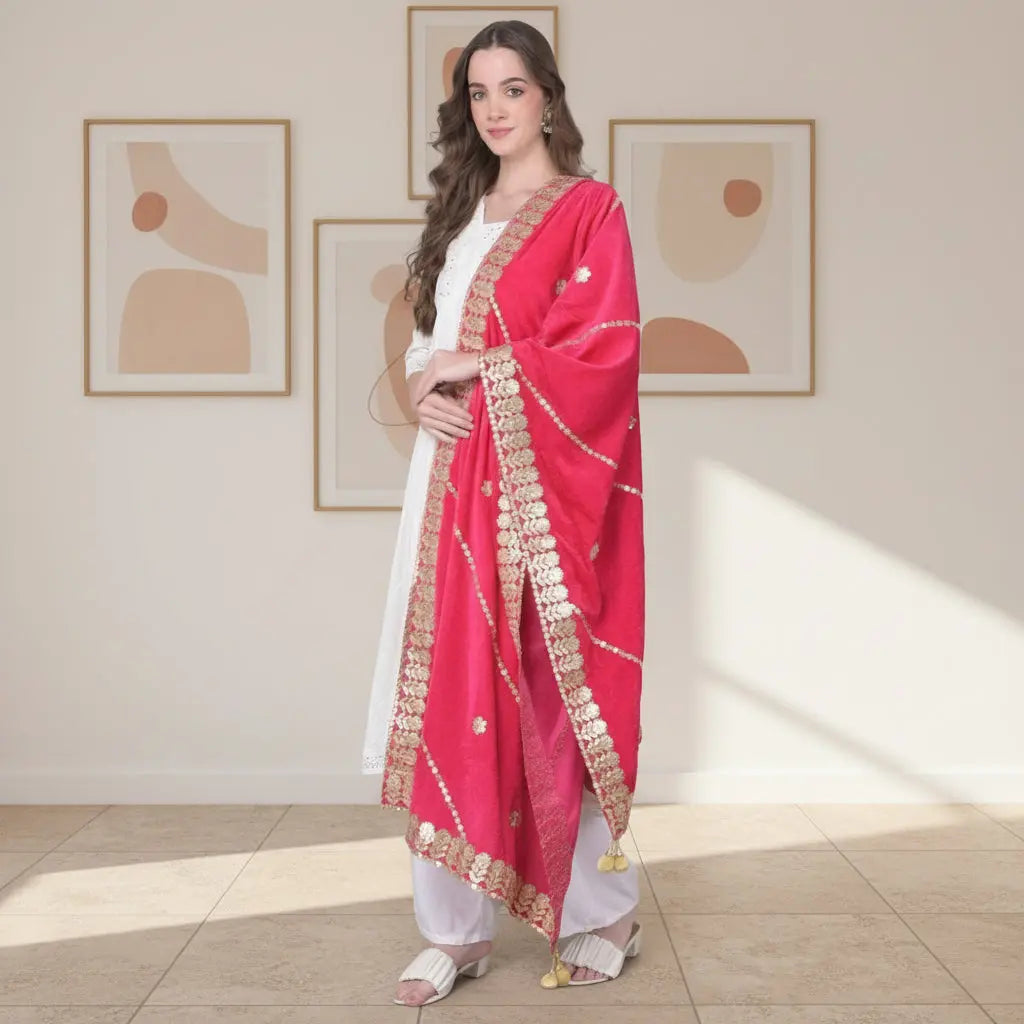 Women's Velvet Gotta Patti Dupatta (Pink, Length: 2.25 to 2.50 Mtr) Kashvii