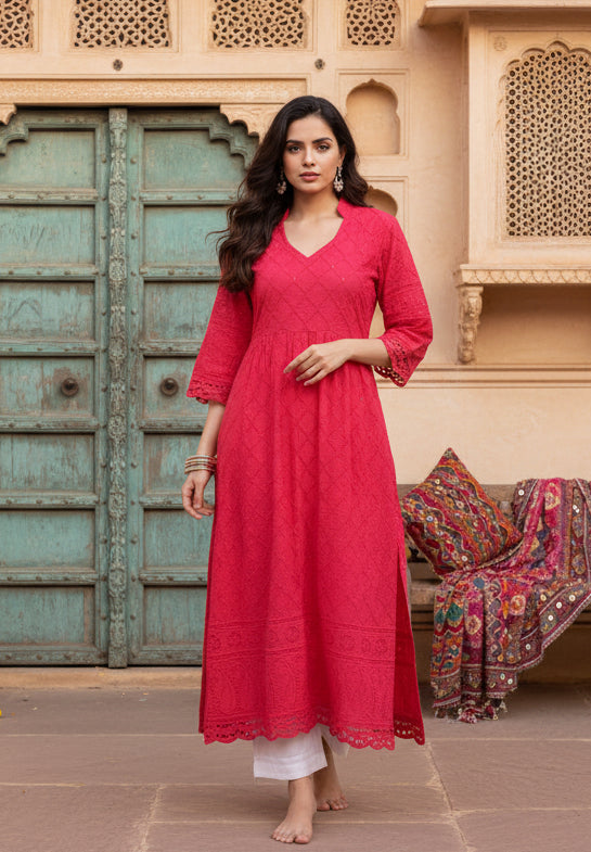 Women's Casual 3/4th Sleeve Embroidered Cotton Kurti (Magenta) Kashvii