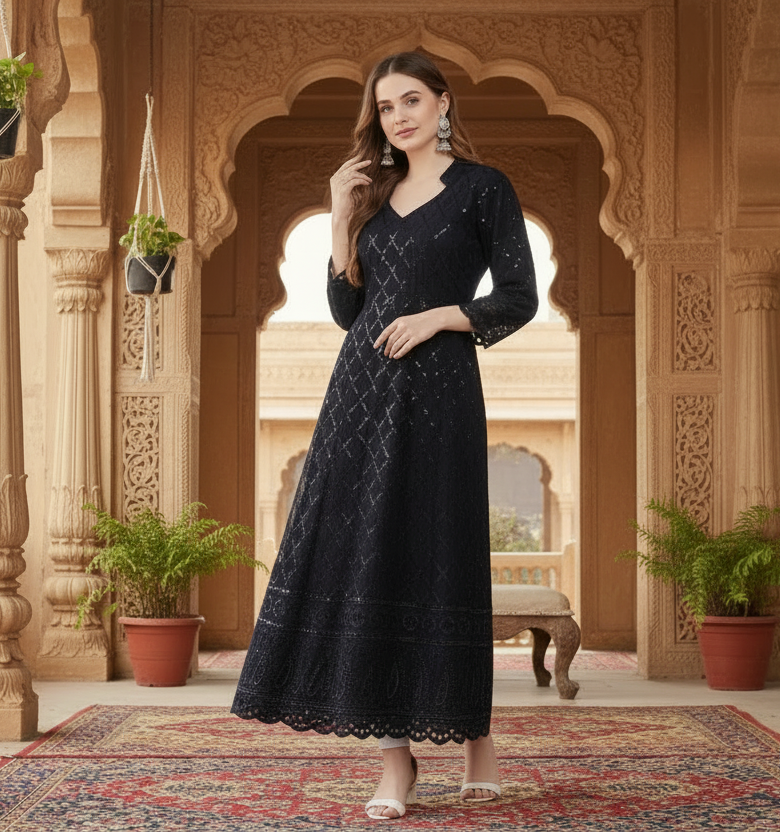 4th sleeve embroidered cotton kurti (navy blue) kashvii