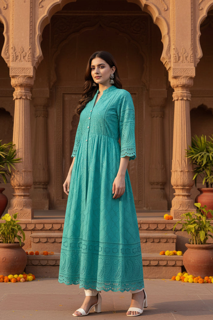 4th sleeve embroidered cotton kurti (blue) kashvii