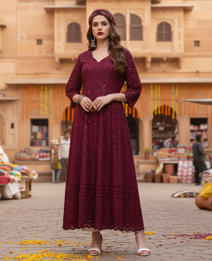 4th sleeve embroidered cotton kurti (purple) kashvii