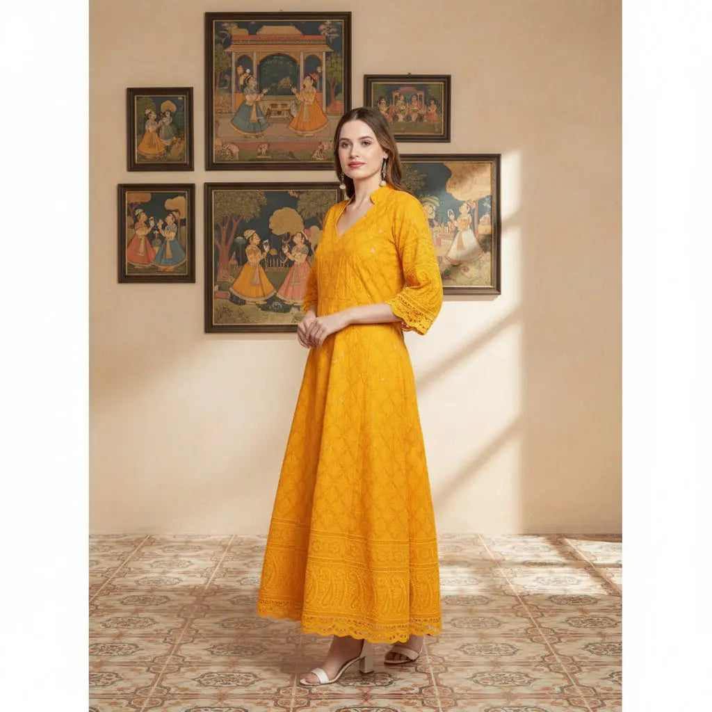 Women's Casual 3/4th Sleeve Embroidered Cotton Kurti (Mustard) Kashvii