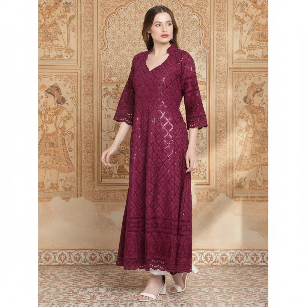 Women's Casual 3/4th Sleeve Embroidered Cotton Kurti (Purple) Kashvii