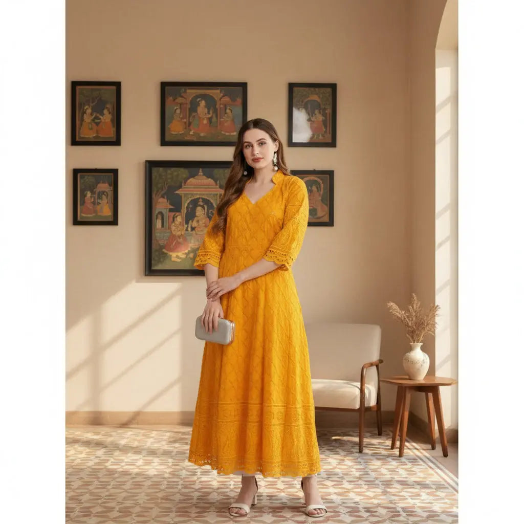 Women's Casual 3/4th Sleeve Embroidered Cotton Kurti (Mustard) Kashvii