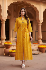 Load image into Gallery viewer, Women's Casual 3/4th Sleeve Embroidered Cotton Kurti (Mustard) Kashvii
