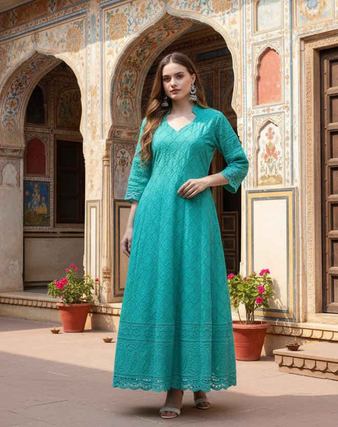 4th sleeve embroidered cotton kurti (blue) kashvii
