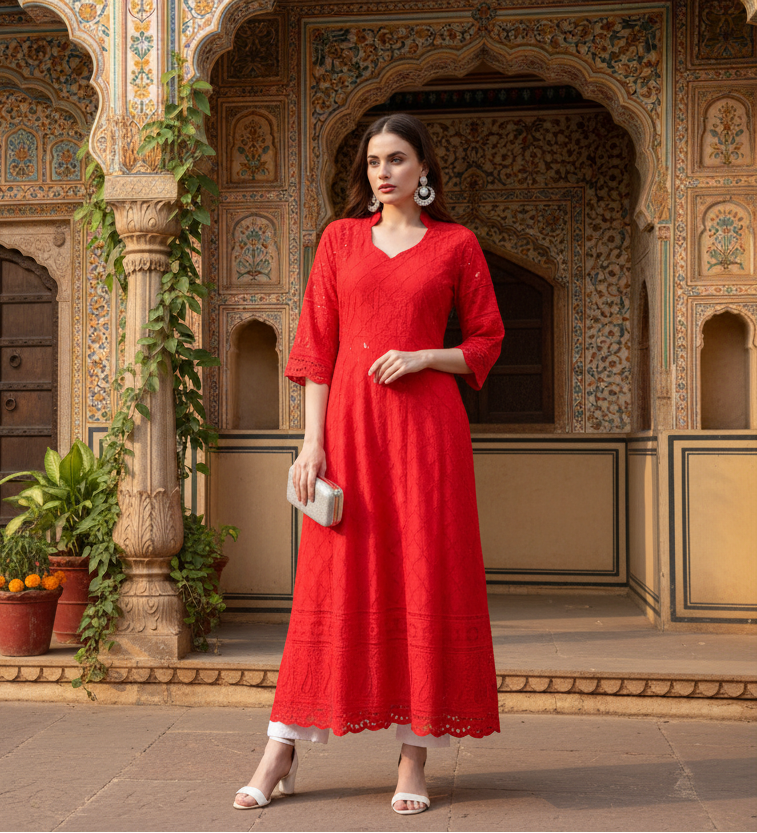 Women's Casual 3/4th Sleeve Embroidered Cotton Kurti (Red) Kashvii