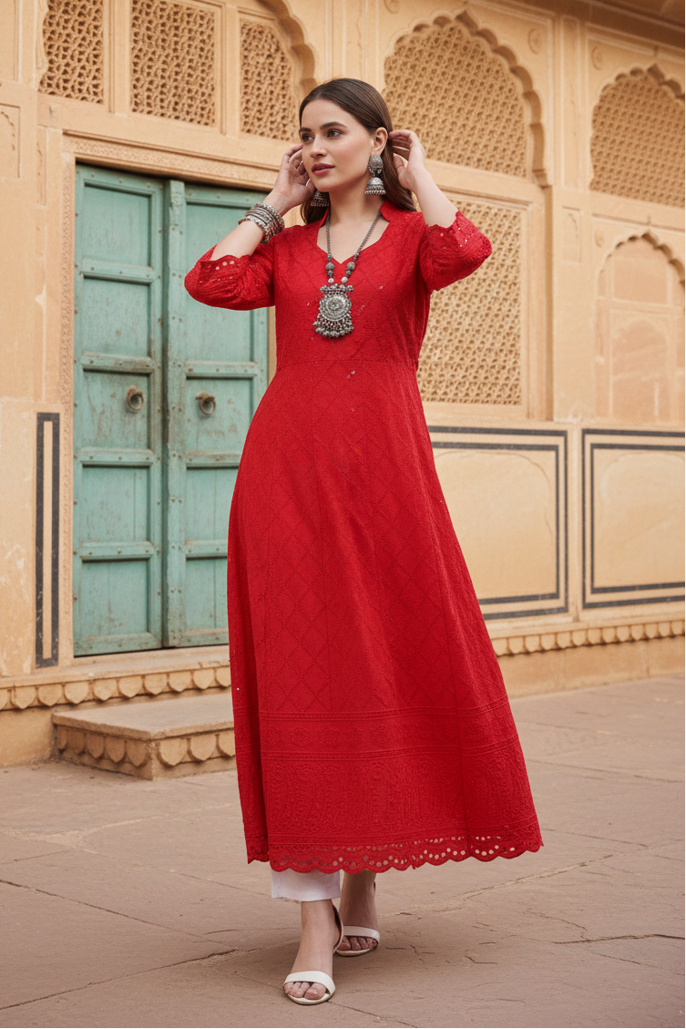 4th sleeve embroidered cotton kurti (red) kashvii