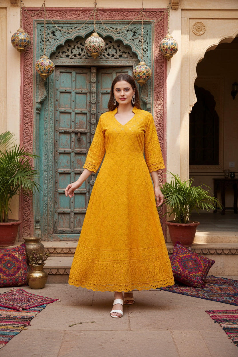 4th sleeve embroidered cotton kurti (mustard) kashvii
