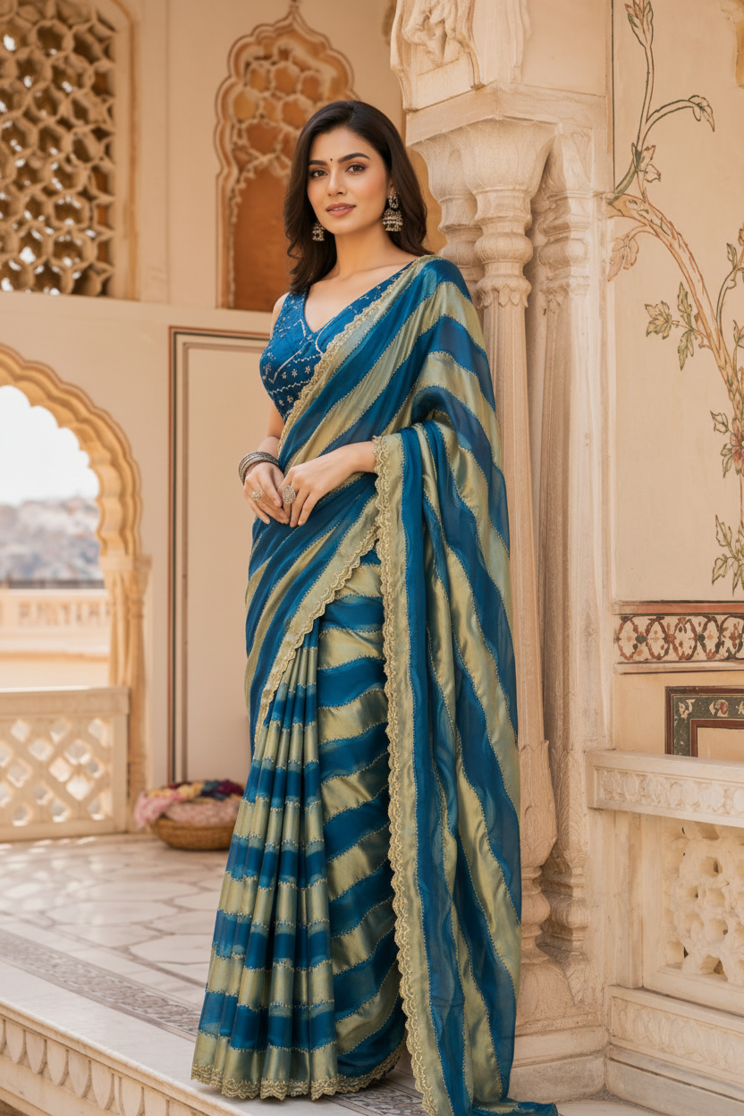 Satin Silk Siroski Diamond Work Saree With Unstitched Blouse (Blue)
