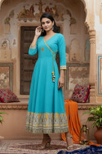 Load image into Gallery viewer, Women's Casual 3/4 th Sleeve Embroidery Cotton Blend Kurti (Torque Green) Kashvii
