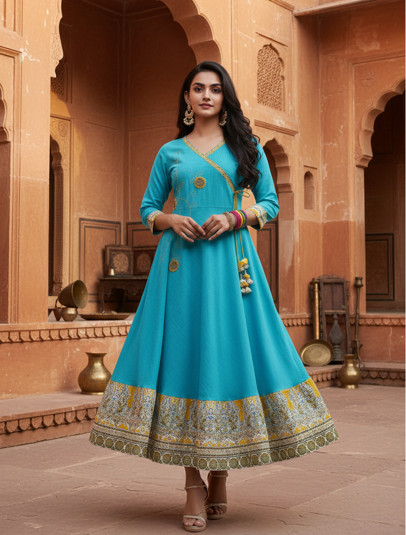 Women's Casual 3/4 th Sleeve Embroidery Cotton Blend Kurti (Torque Green) Kashvii