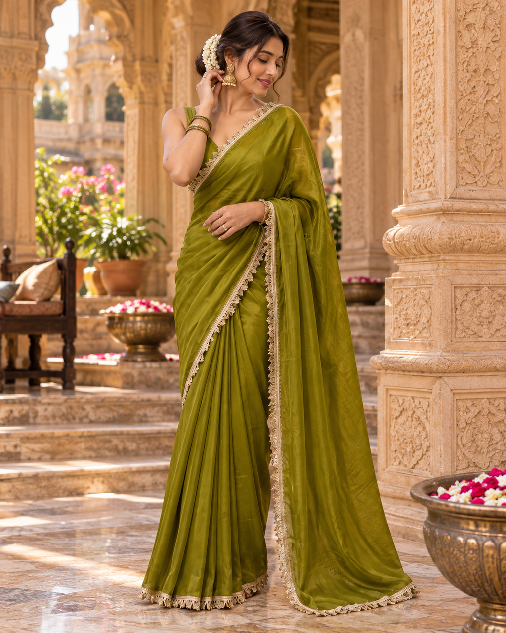 Satin Silk Golden Lace Border Work Saree With Unstitched Blouse(Green)