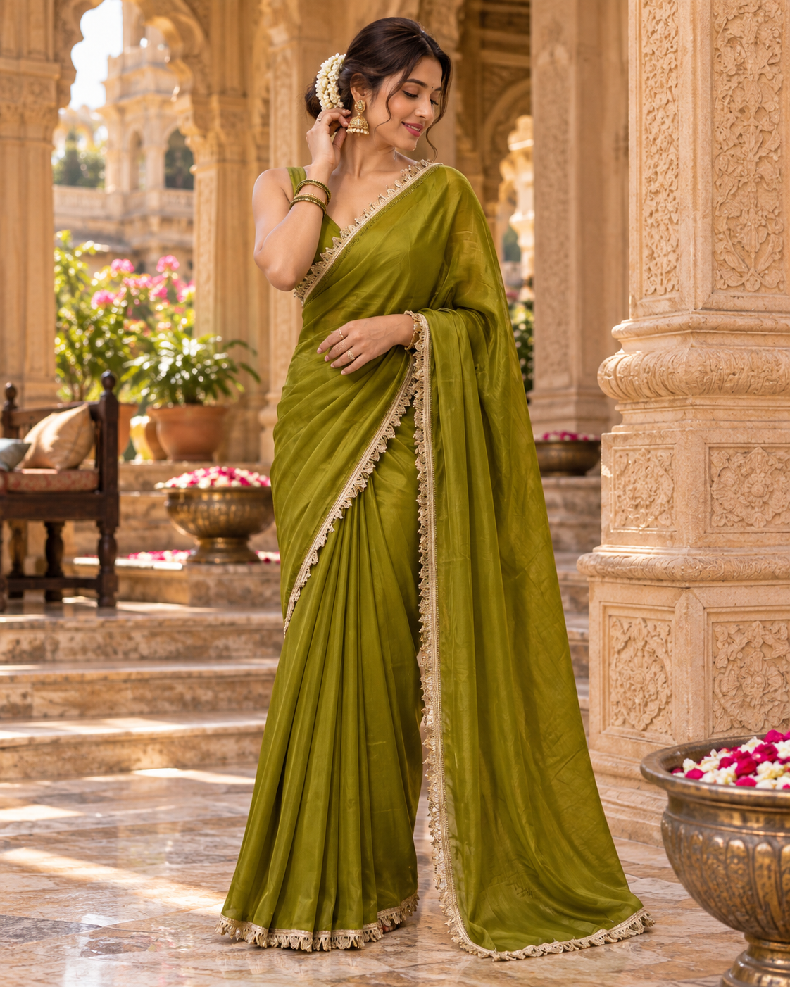 Satin Silk Golden Lace Border Work Saree With Unstitched Blouse(Green)