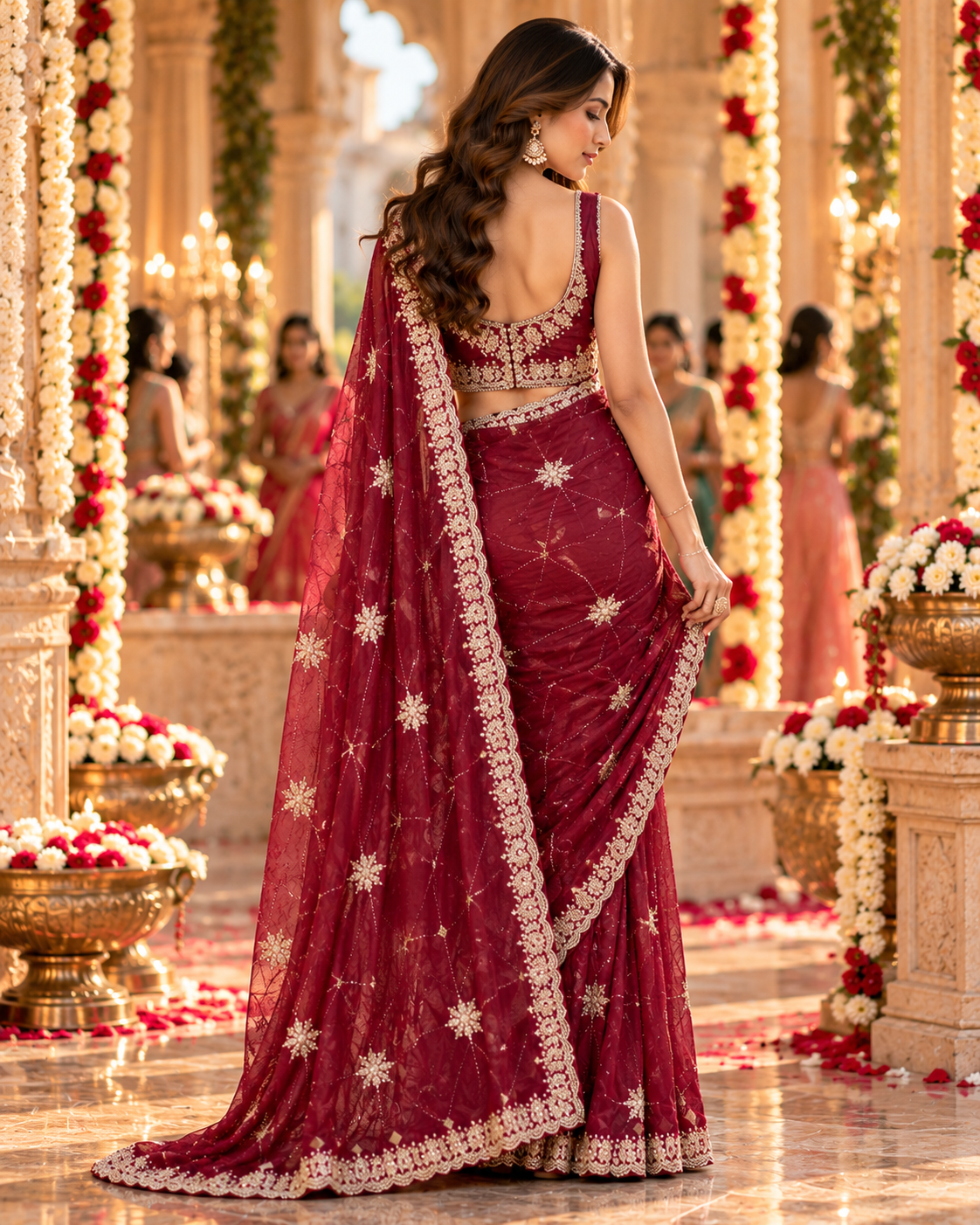 Pure Space Silk Embroidery Work Saree With Unstitched Blouse(Maroon)