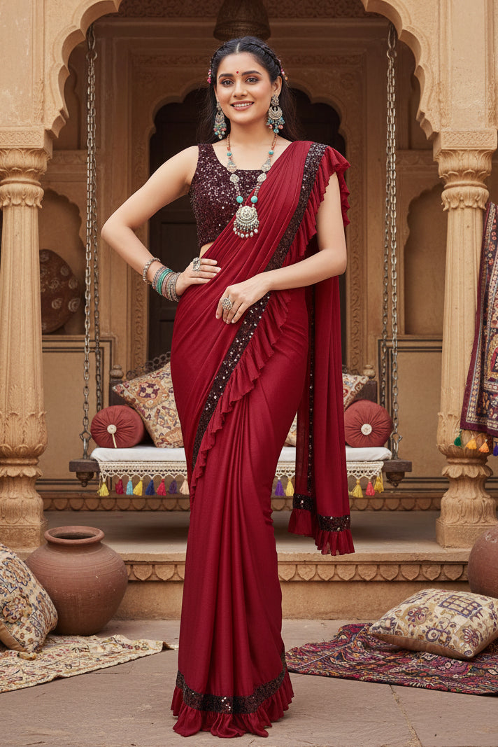 Women's Lycra Solid Saree With Unstitched Blouse (Red, 5.5 Mtr) Kashvii