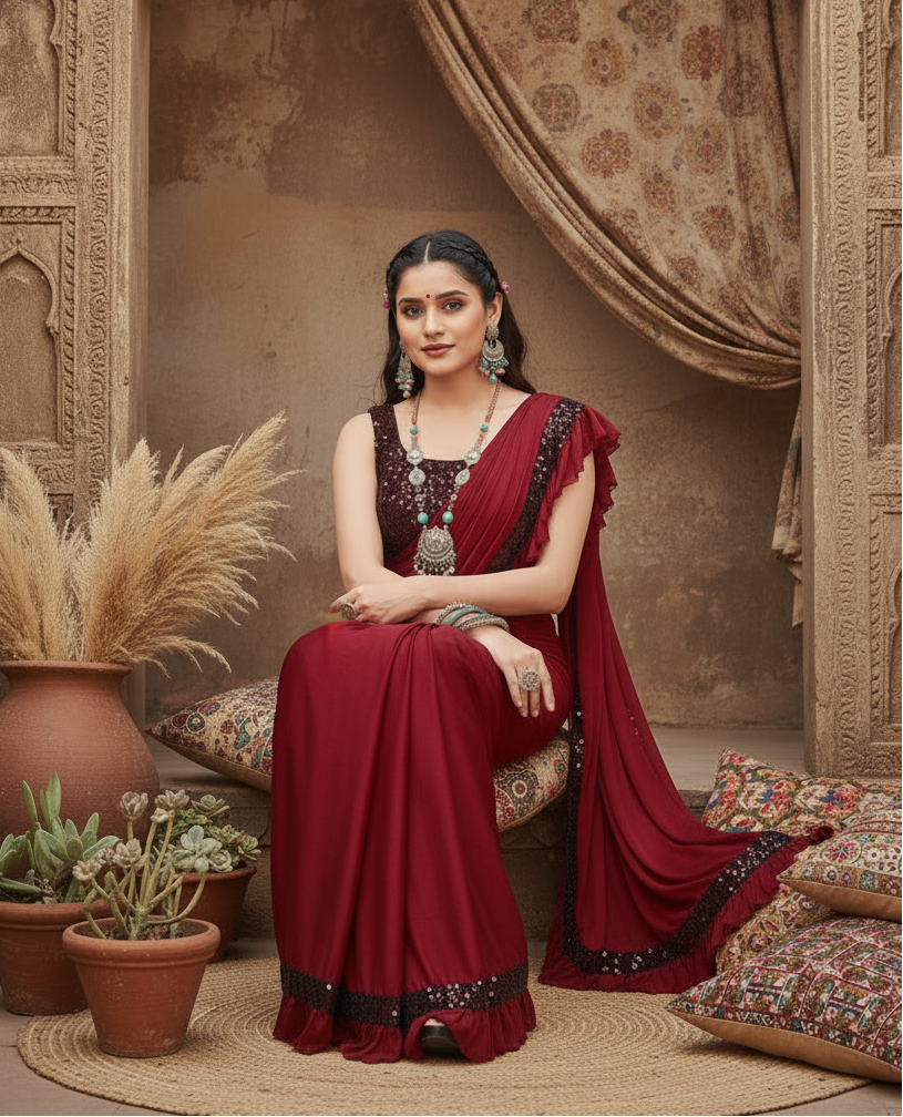 Women's Lycra Solid Saree With Unstitched Blouse (Red, 5.5 Mtr) Kashvii