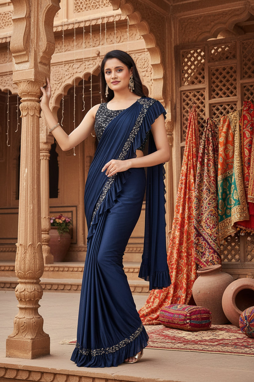 Women's Lycra Solid Saree With Unstitched Blouse (Nay Blue, 5.5 Mtr) Kashvii